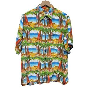Vtg Reyn Spooner Button Up Men Hawaiian‎ Shirt Sz L Tropical Beach Surfboard